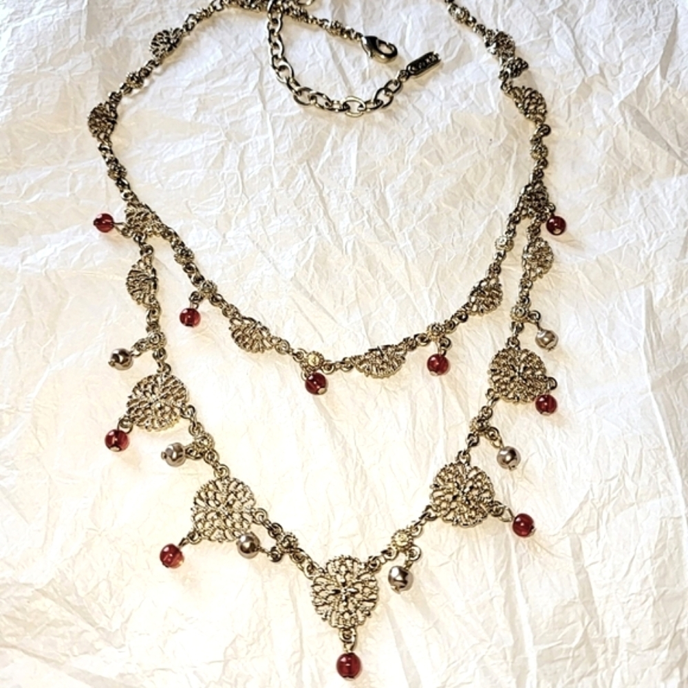 BEN-AMUN FESTOON STYLE LAYERED NECKLACE with FILIGREE DISCS, AMBER BEADS - Picture 9 of 9